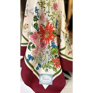 Rare Vintage Gucci Flora Silk Scarf – Burgundy Border, Birds, Rare Ladybug